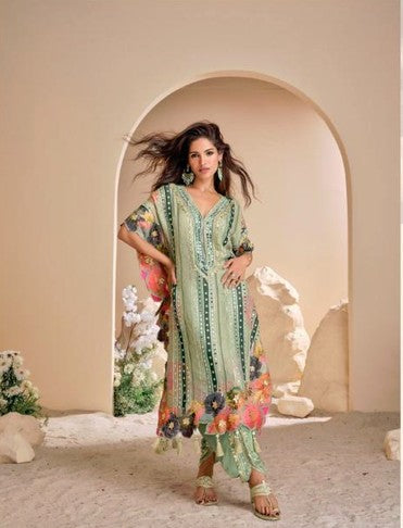 Luxury Kaftan Set in Pure Viscose Natural Crep Silk &amp; Simar Organza Silk