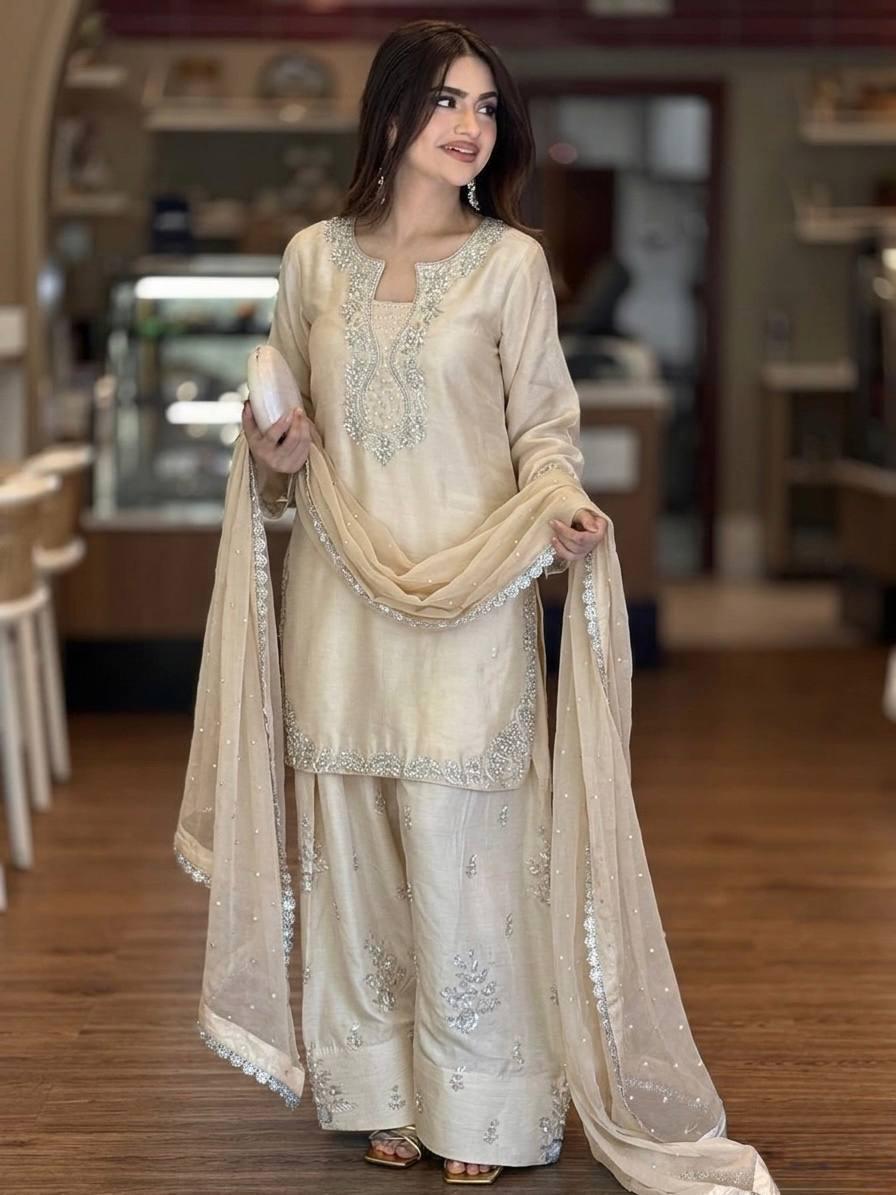 ✨ Designer Party Wear Roman Glass Silk Farsi Palazzo Set with Dupatta ✨