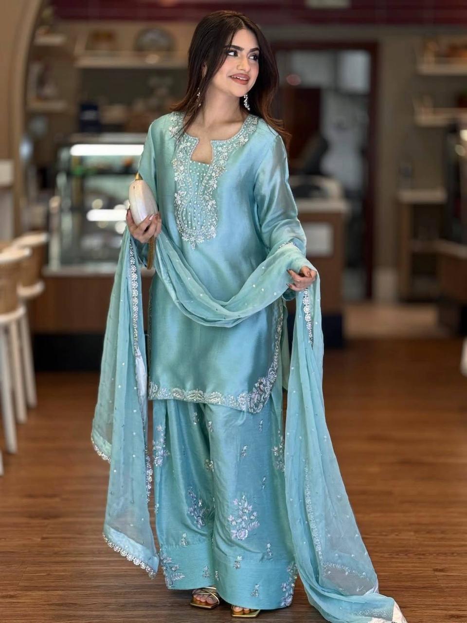 ✨ Designer Party Wear Roman Glass Silk Farsi Palazzo Set with Dupatta ✨