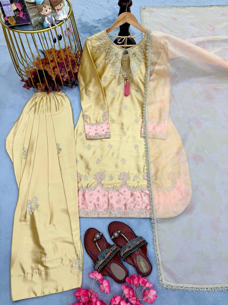 Designer Party Wear Japan Satin Top, Farshi Palazzo Set with Dupatta