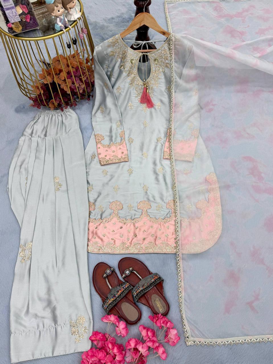 Designer Party Wear Japan Satin Top, Farshi Palazzo Set with Dupatta