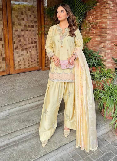 Designer Party Wear Japan Satin Top, Farshi Palazzo Set with Dupatta