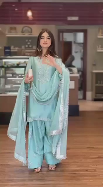 ✨ Designer Party Wear Roman Glass Silk Farsi Palazzo Set with Dupatta ✨